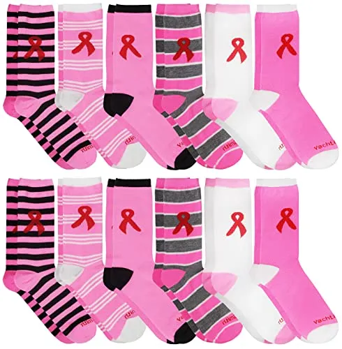 12 Pairs of Yacht & Smith Women's Pink Ribbon Breast Cancer Awareness Crew Socks