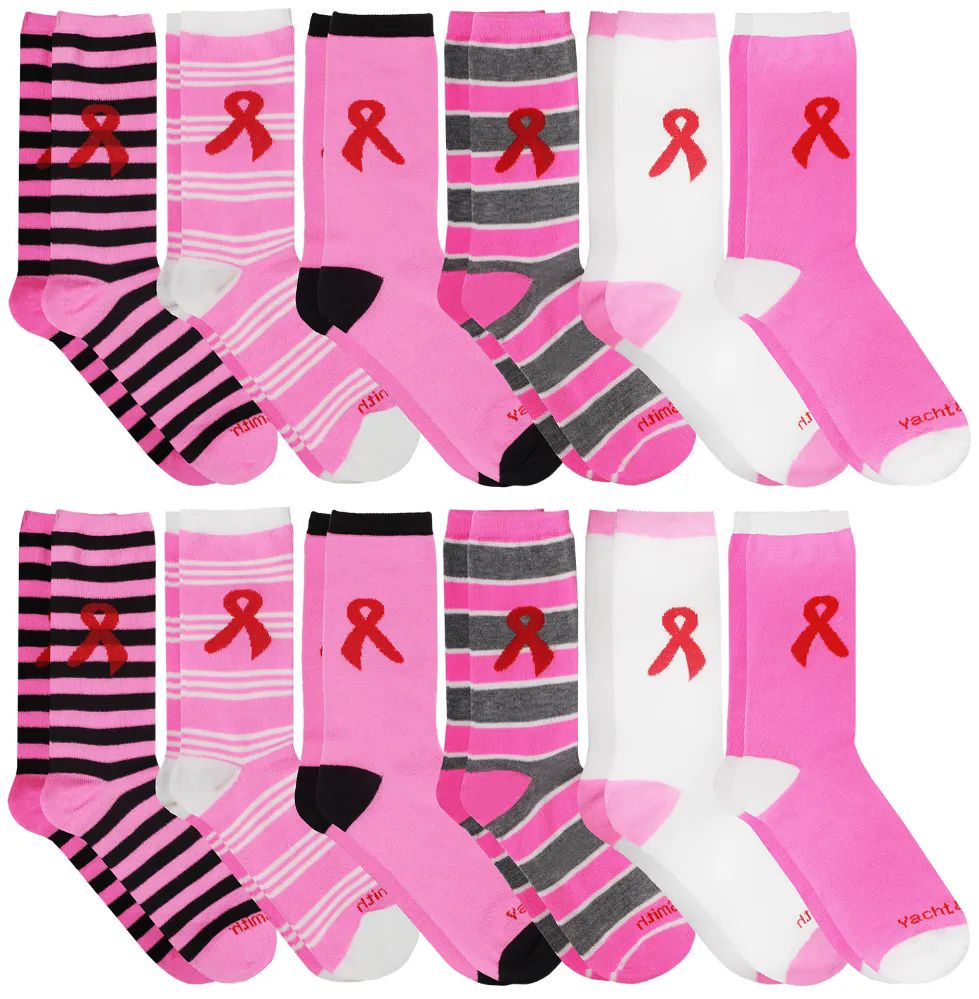 12 Wholesale Yacht & Smith Pink Ribbon Breast Cancer Awareness Crew Socks For Women 12 Pairs