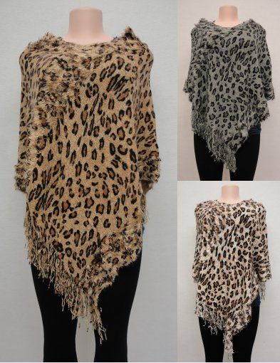 6 Wholesale Cheetah Print Knitted Shawl With Fringe