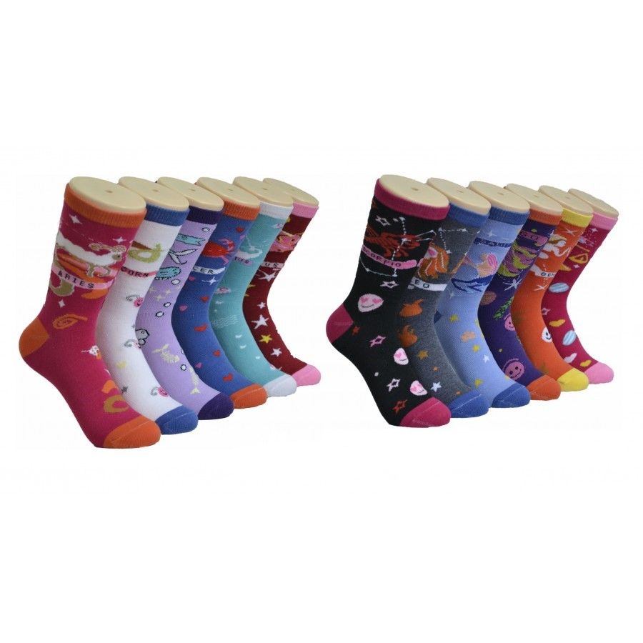 360 Wholesale Women's Zodiac Print Crew Socks Size 9-11