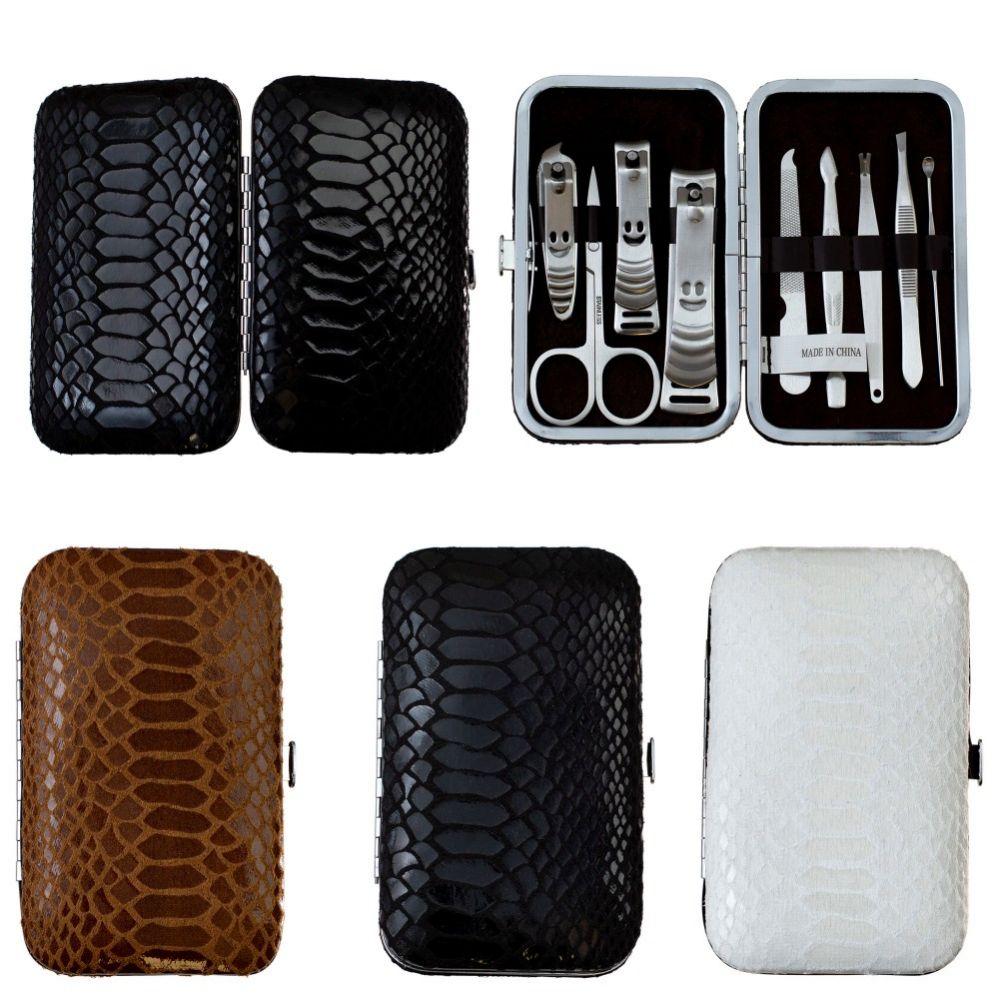 24 Wholesale 9 Piece Stainless Steel Manicure Set In 3 Assorted Snake Skin Colors