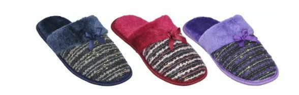 36 Wholesale Women's Warm Plush House Slippers With Tribal Design & Bow