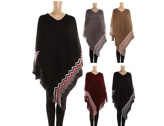 24 Wholesale Womens Polyester Winter Warm Cape Zig Zag With Fringes