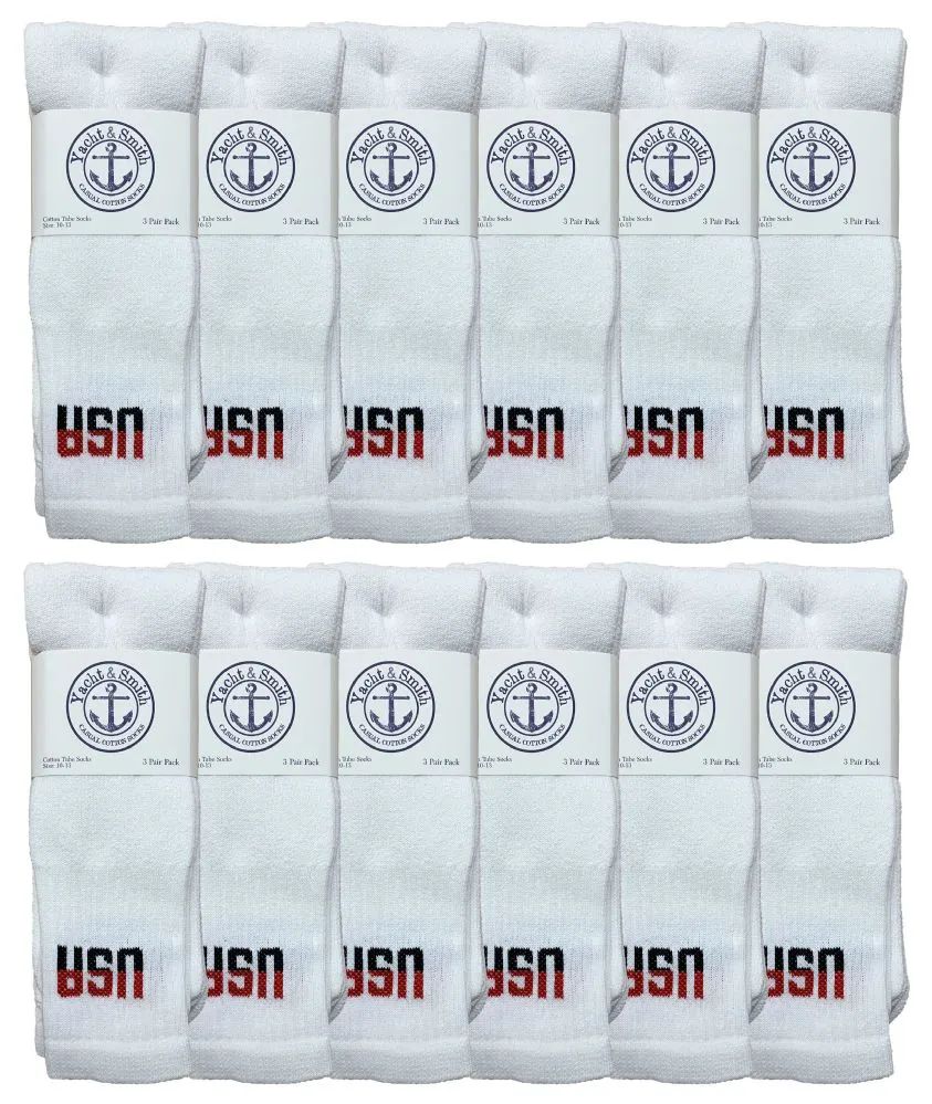 36 Pairs of Yacht & Smith Men's Cotton 28 Inch Tube Socks, Referee Style, Size 10-13 White With Usa Print