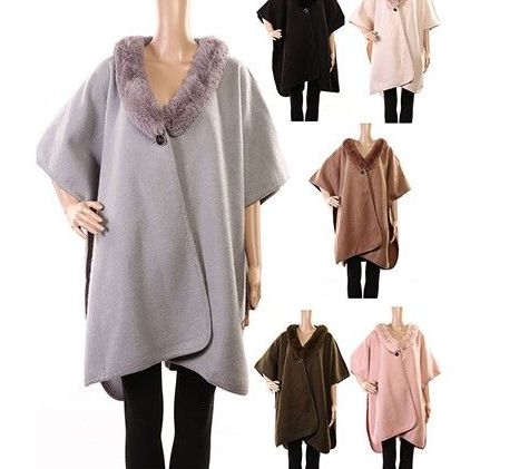 18 Wholesale Womens Polyester Winter Cape With With Fur Trimmings In Assorted Color