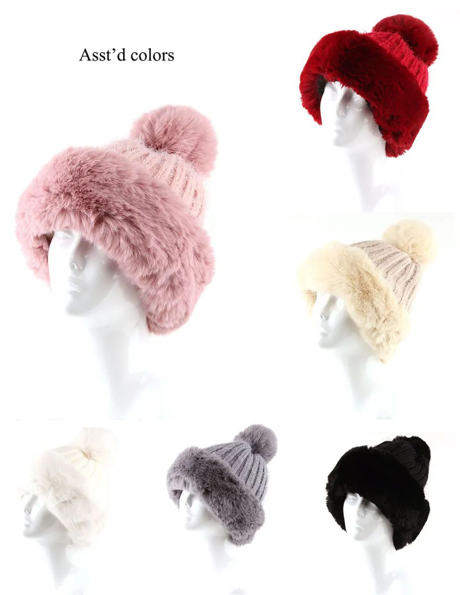 72 Pieces of Womans Heavy Knit Winter Pom Pom Hat And Plush Knit Hat Fleece Lined Assorted Color