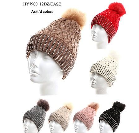 72 Wholesale Womens Heavy Plush Winter Pom Pom Sequin Knitting Hat