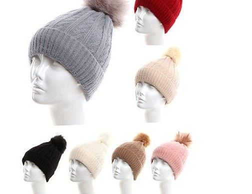 72 Wholesale Womens Girls Knit Plush Beanie Hat With Pom Pom