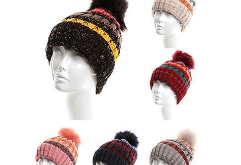 72 Wholesale Womens Girls Knit Plush Striped Beanie Hat With Pom Pom