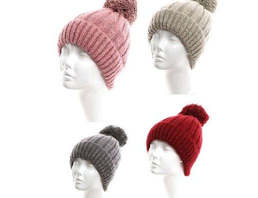 72 Wholesale Womens Girls Knit Plush Beanie Hat With Pom Pom