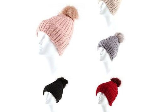 72 Wholesale Womens Winter Beanie Hat Warm Knitted Soft Ski Cuff Cap With Pom Pom