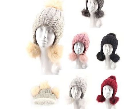 72 Wholesale Womens Pompom Beanie Hat Hanging Earmuff Cap