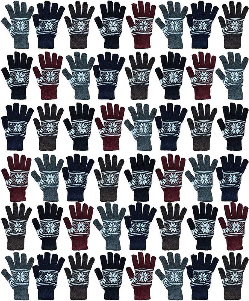 48 Wholesale 48 Pack Winter Magic Gloves, Wholesale Bulk Cold Weather Stretch Thermal Gloves, Mens Womens Unisex Gloves (men Snowflakes)