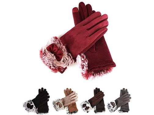 72 Wholesale Women Suede Winter Lining Touch Screen Faux Fur Gloves