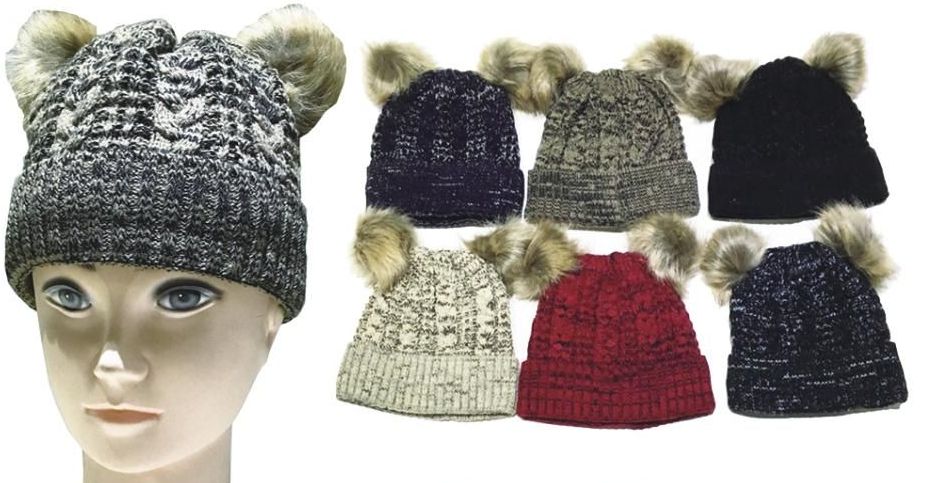 72 Pieces Women's Knit Winter Hat With Double Pom Pom - Winter Beanie Hats