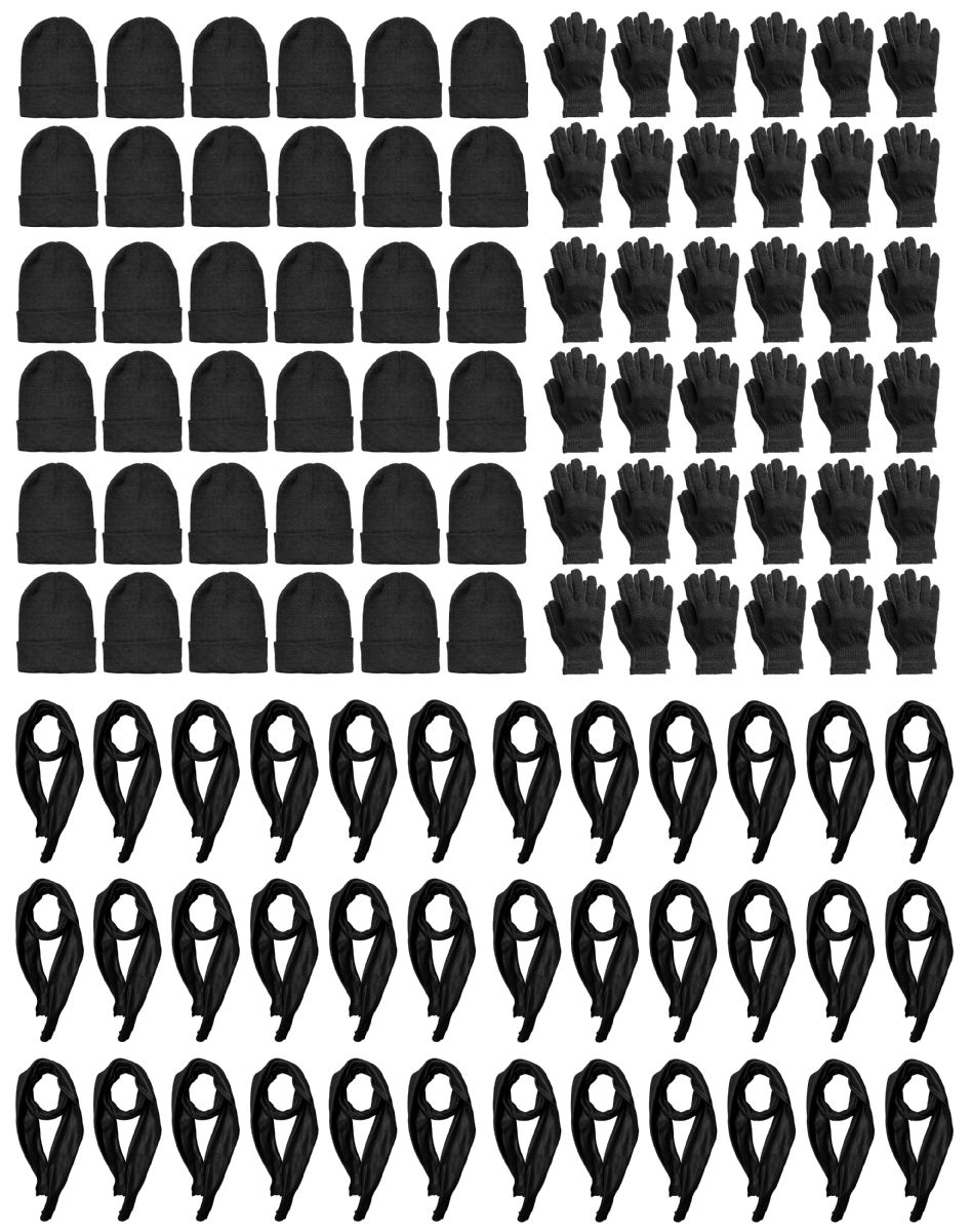 60 Sets of Yacht & Smith Unisex 3 Piece Winter Care Set, Black Beanie Hat, Black Magic Gloves And Black Fleece Scarf