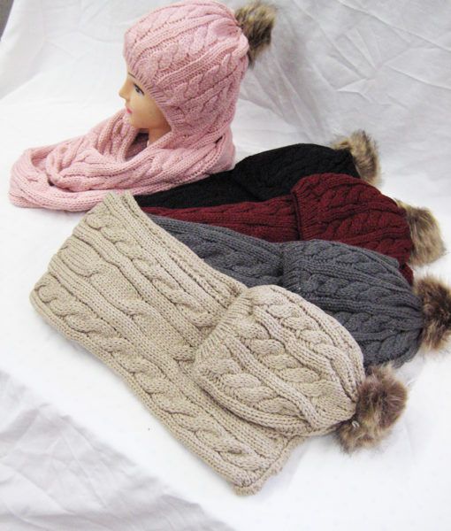 24 Wholesale Women Soft Warm Thick Cable Knitted Hat And Scarf Winter Set