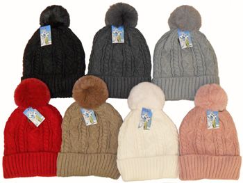 36 Wholesale Women's Fleece Lined Ski Hat With Pom Pom