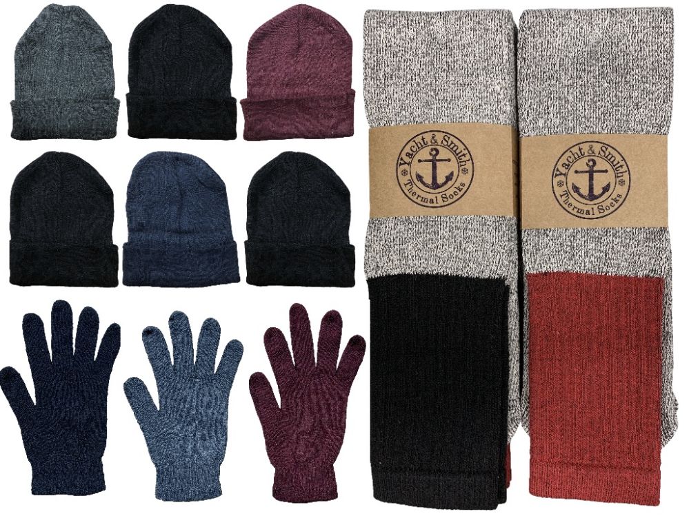 144 Pieces of Yacht & Smith Mens 3 Piece Winter Set , Thermal Tube Socks Gloves And Beanie Hat
