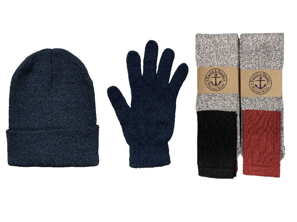 144 Wholesale Yacht & Smith Mens 3 Piece Winter Set , Thermal Tube Socks Black Gloves And Beanie Hat