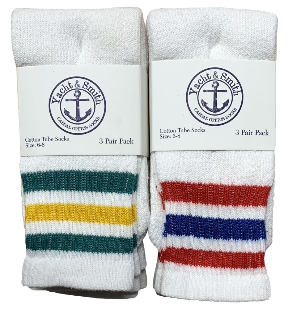 240 Wholesale Yacht & Smith Kids Cotton Tube Socks Size 6-8 White With Stripes