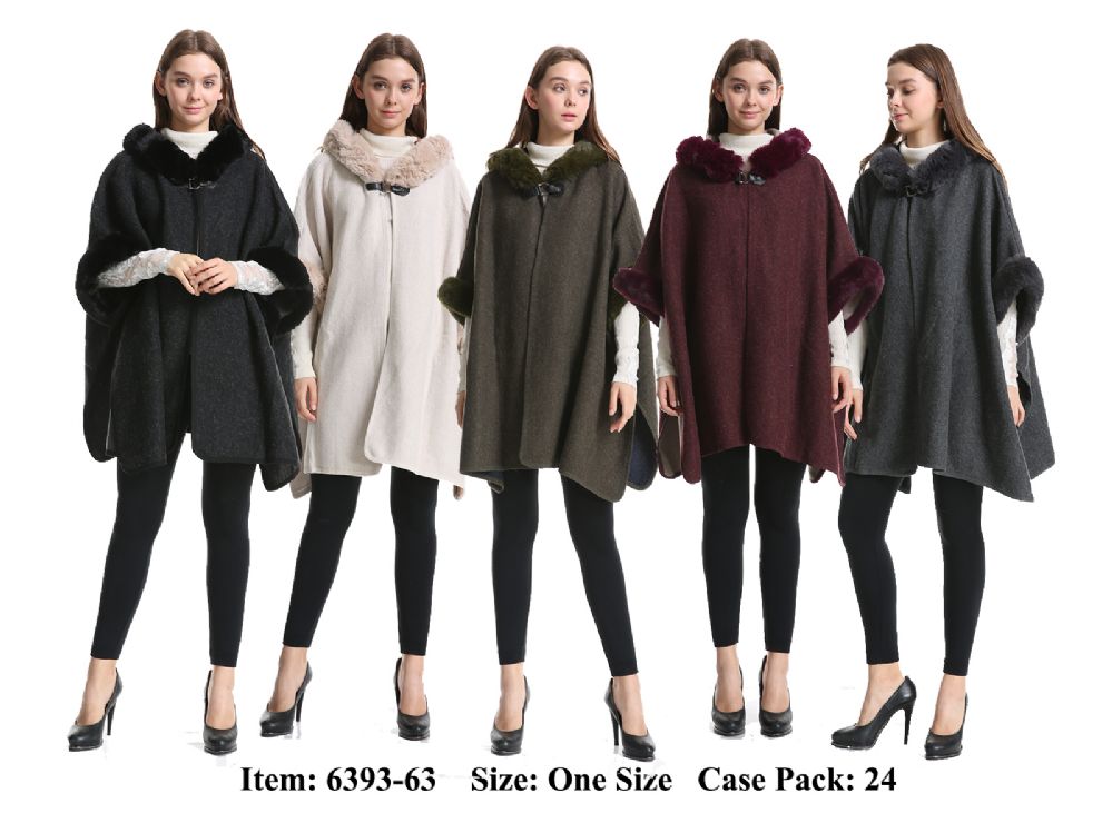 24 Wholesale Womens Poncho Cape With Hoody And Fur Trim
