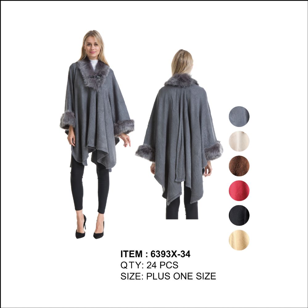 24 Wholesale Womens Plus Size Poncho/cape Textured With Fur Trim