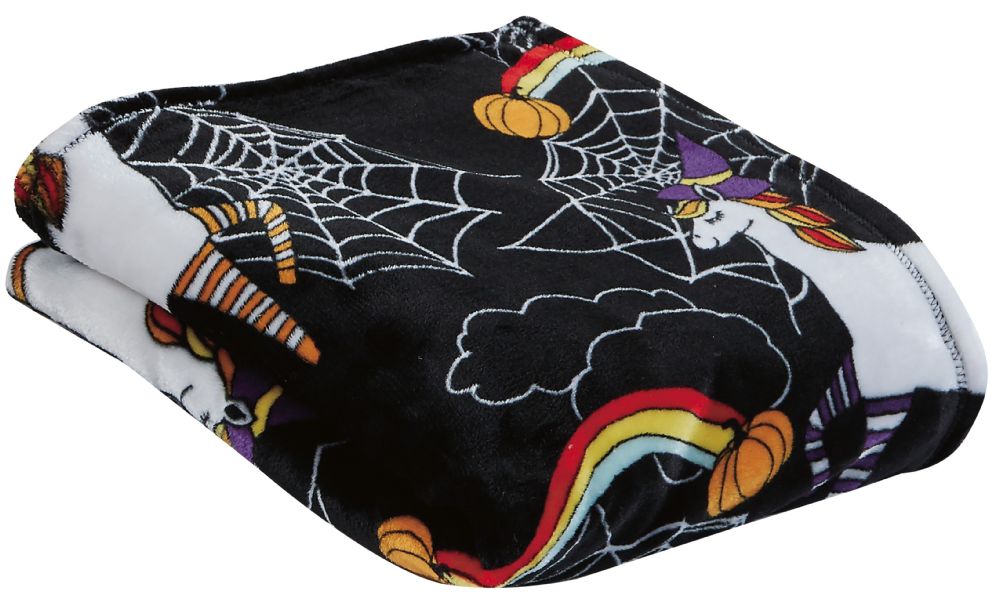 24 Wholesale Children's Black Unicorn Halloween Printed Fleece Blanket Size 50 X 60