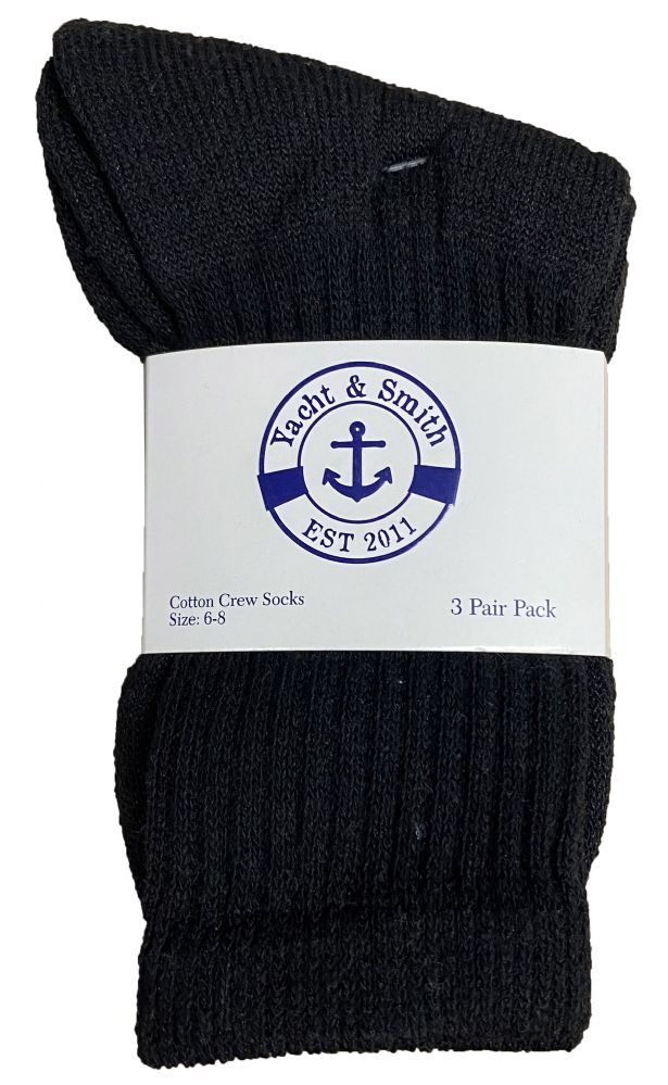 240 Wholesale Yacht & Smith Kids Cotton Crew Socks Black Size 6-8 Bulk Pack