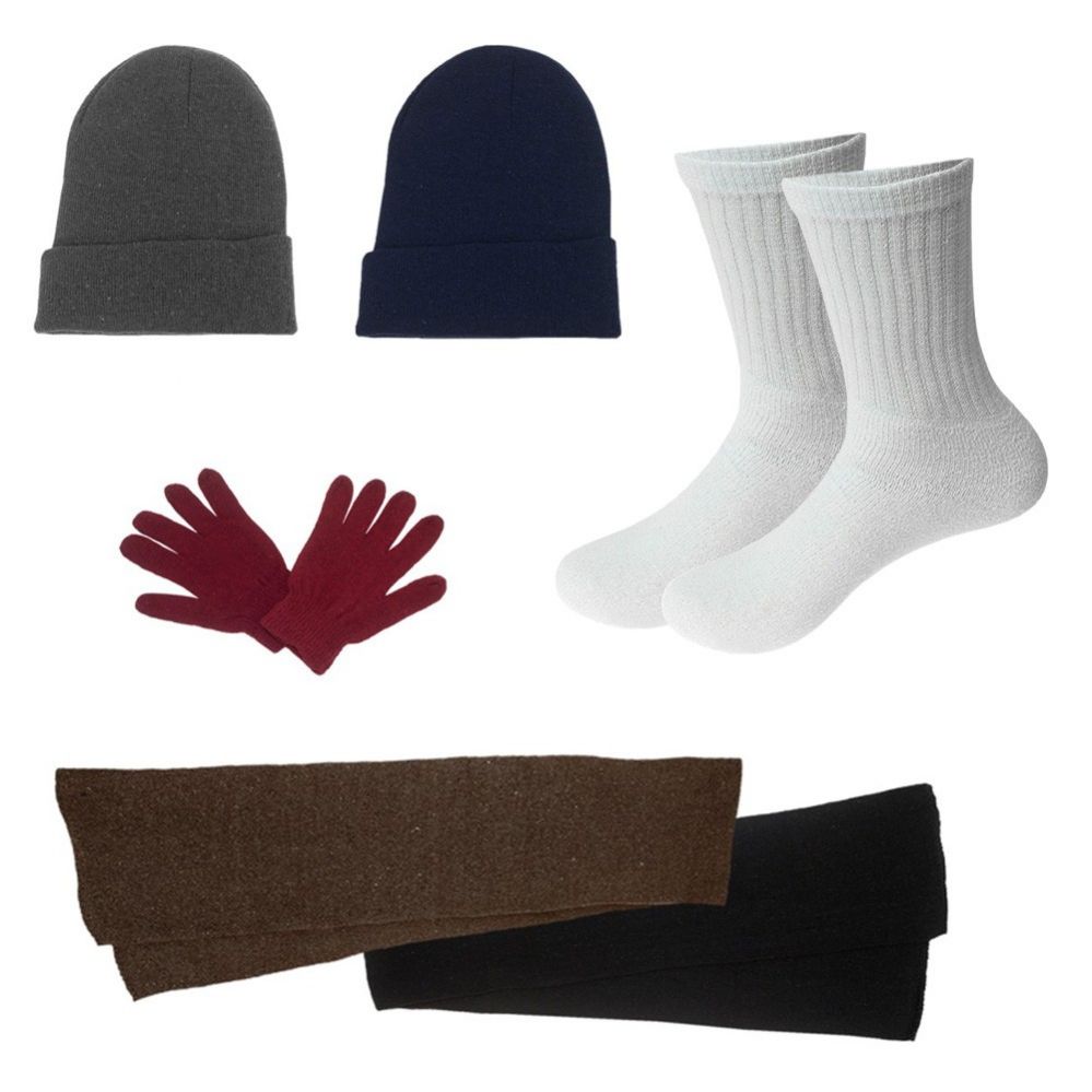 96 Bulk Unisex Socks (size 10-13), Winter Gloves, Scarf, Beanie In 5 Assorted Colors