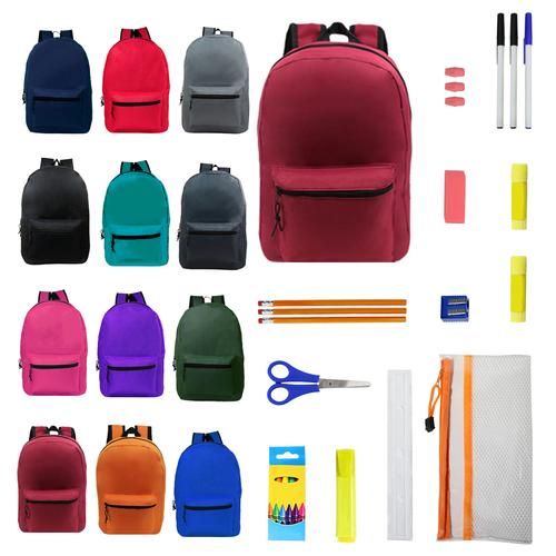 24 Sets 15" Backpacks With 12 Piece School Supply Kit - In 12 Assorted Colors - School and Office Supply Gear