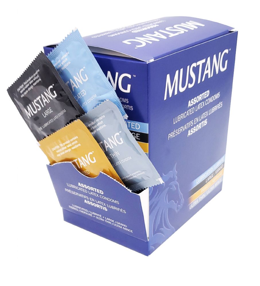 96 Pieces of Mustang Counter Display Condom 1 Pack Assorted Large Lubricated Ribbed And Ultra Thin