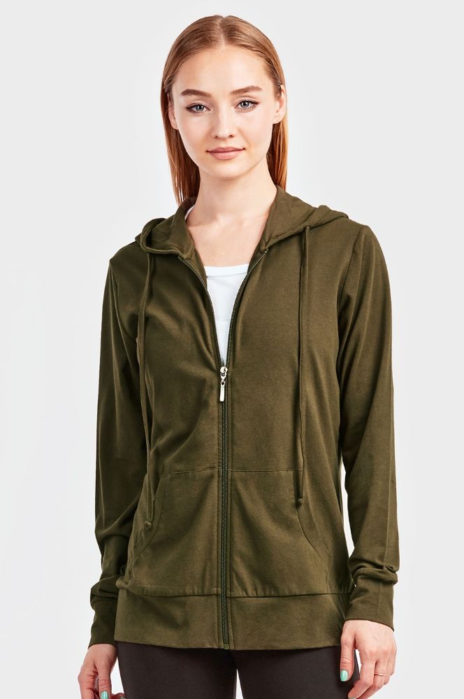 12 Pieces of Sofra Ladies Thin Zip Up Hoodie Jacket Color Olive In Size Large