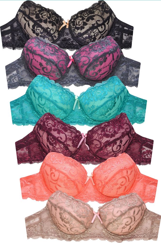 Mamia Women's Push Up Bra in Lace and Plain Full Cups (Pack of 6)