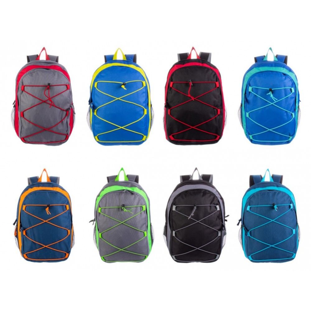 24 Pieces of 17" Bungee Wholesale Backpacks In 8 Assorted Colors