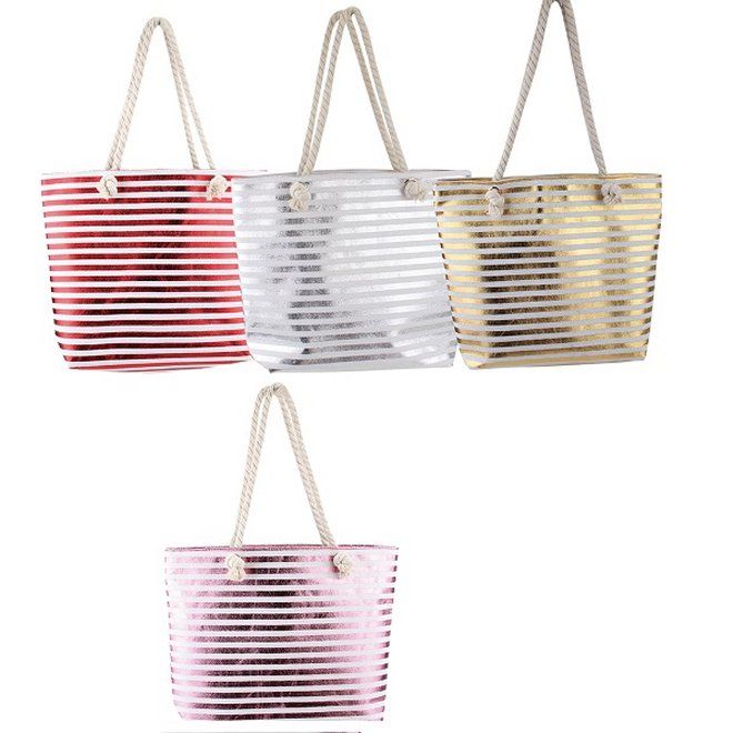24 Wholesale Fashion Tote BaG-Metallic Stripes With Rope Handle