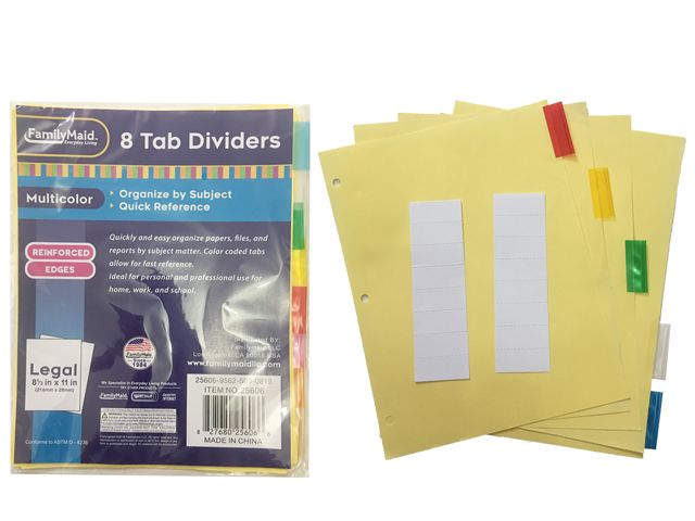 144 Wholesale Tab Index Dividers 8 Pieces