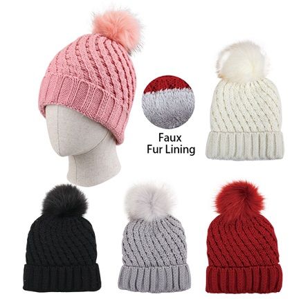 24 Wholesale Ladies Plush Lined Knitted Hat With Fur Pompom [metallic Accent]
