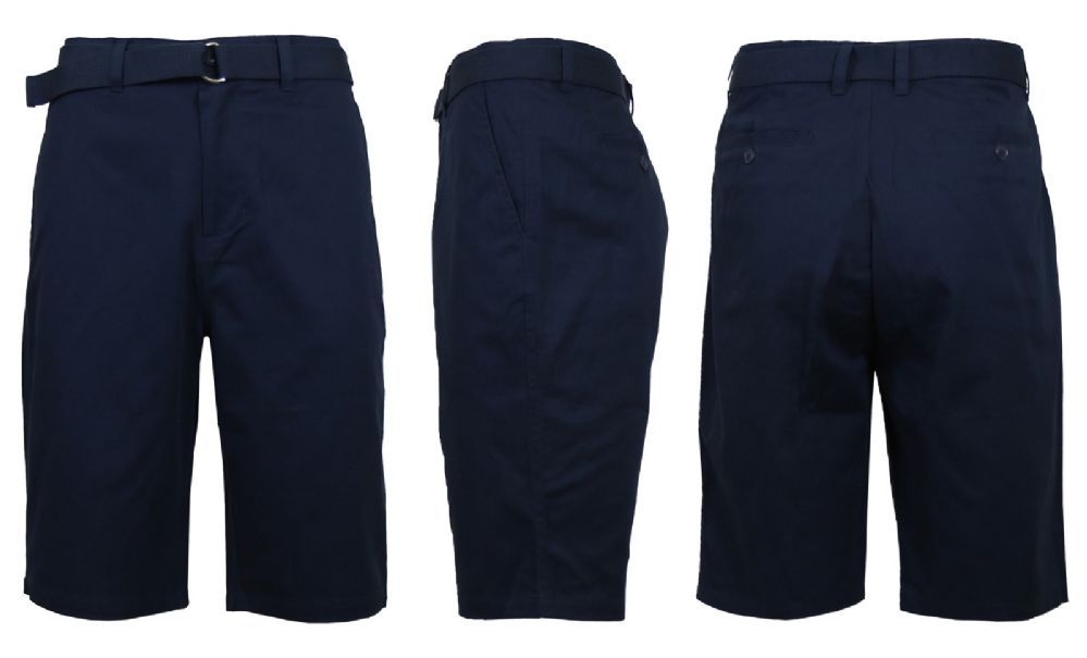 24 Pieces Mens Belted Cotton Chino Shorts Assorted Sizes Solid Navy - Mens Shorts