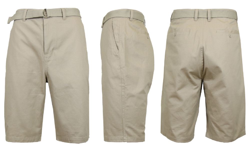 24 Pieces of Mens Belted Cotton Chino Shorts Assorted Sizes Solid Khaki