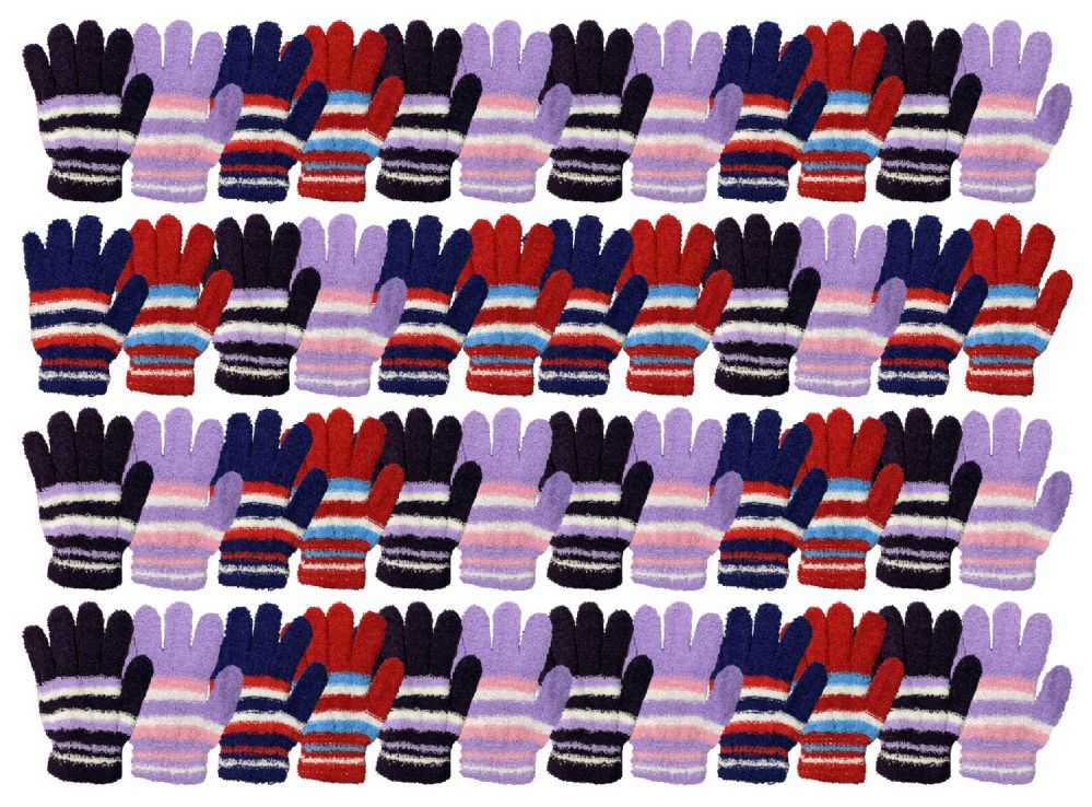 48 Wholesale Yacht & Smith Womens Warm Assorted Colors Striped Fuzzy Gloves