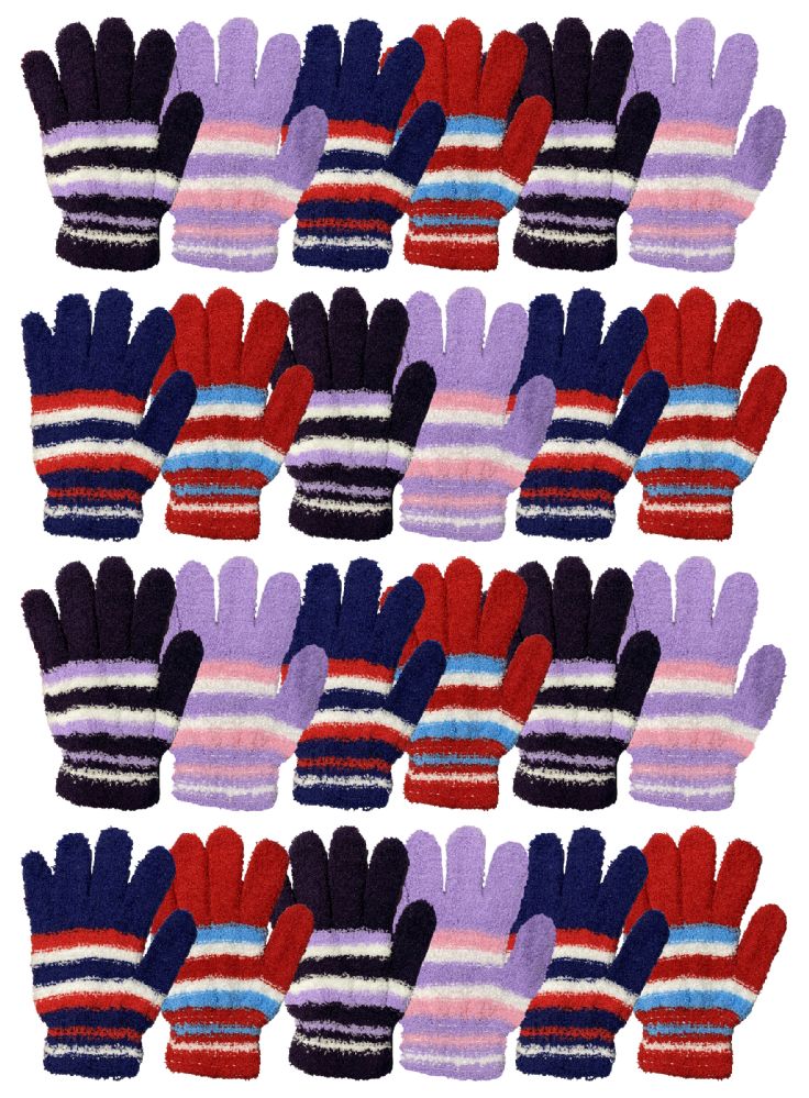 24 Wholesale Yacht & Smith Womens Warm Assorted Colors Striped Fuzzy Gloves