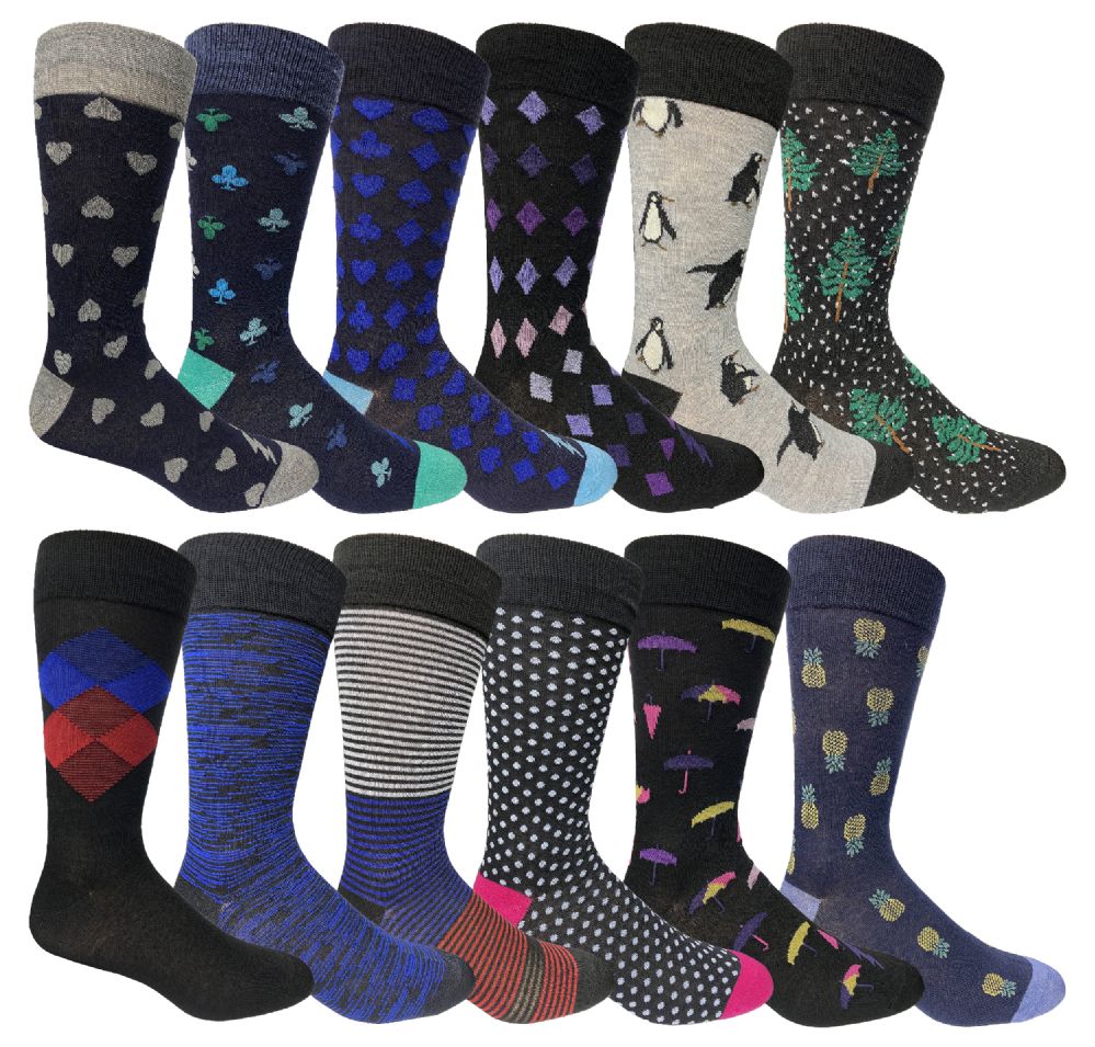 36 Pairs of Yacht & Smith Assorted Design Mens Dress Socks, Sock Size 10-13 Assorted 12 Designs