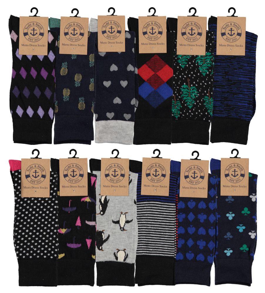 12 Pairs of Yacht & Smith Mens Assorted Design Dress Socks, Many Prints Multi Pack