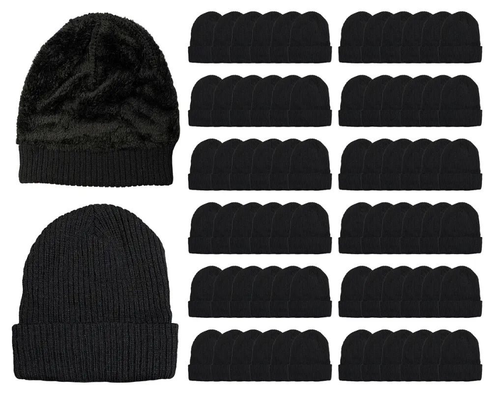 72 pieces of Yacht & Smith Unisex Sherpa Line Ribbed Faux Fur Winter Beanie Hat Solid Black