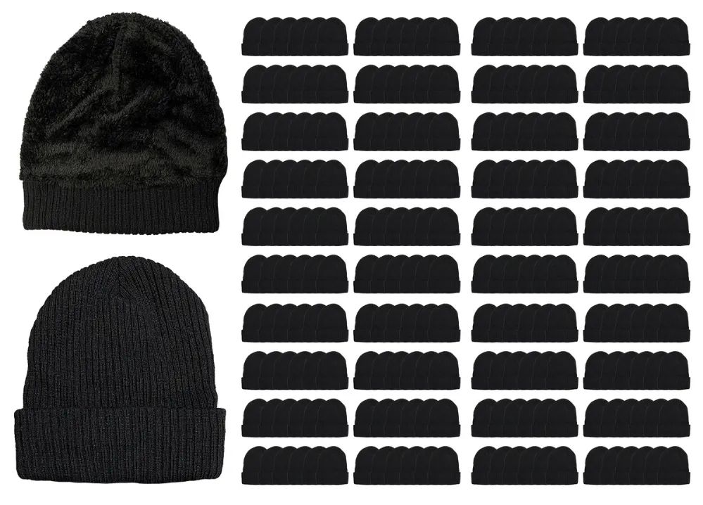 240 pieces of Yacht & Smith Unisex Sherpa Line Ribbed Faux Fur Winter Beanie Hat Solid Black