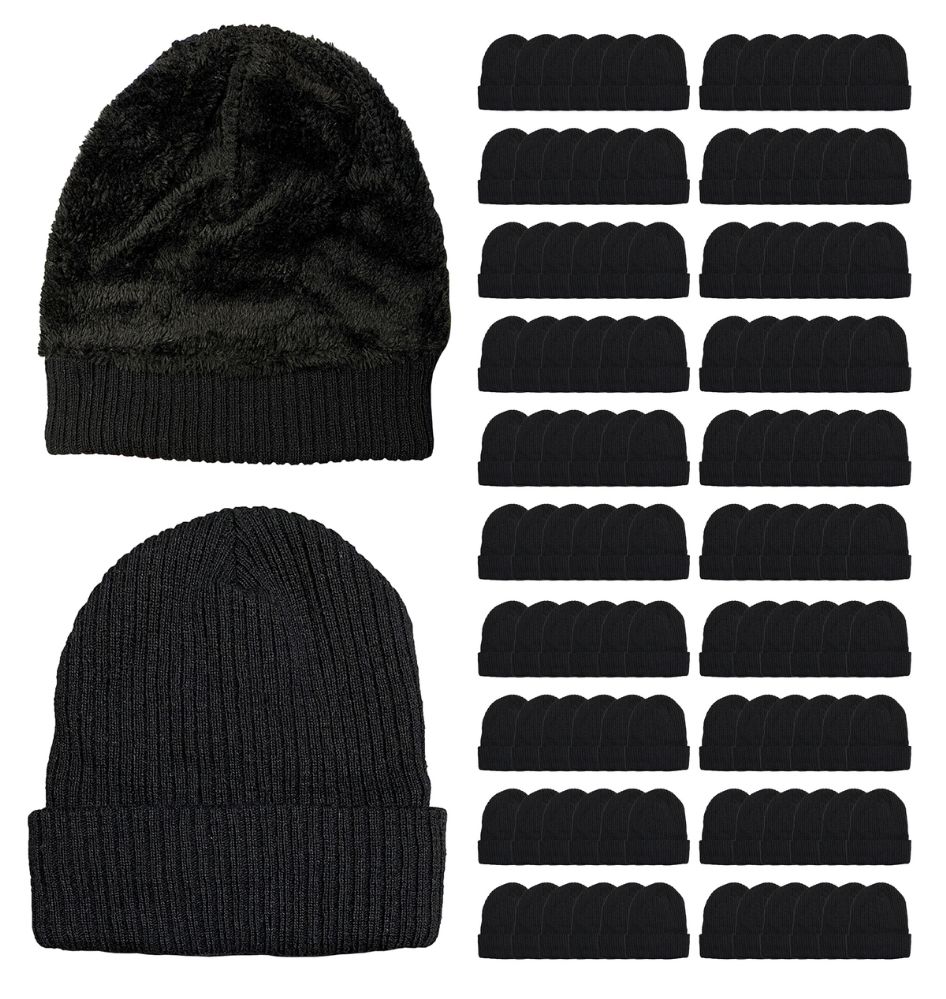 120 Wholesale Yacht & Smith Unisex Sherpa Line Ribbed Faux Fur Winter Beanie Hat Solid Black