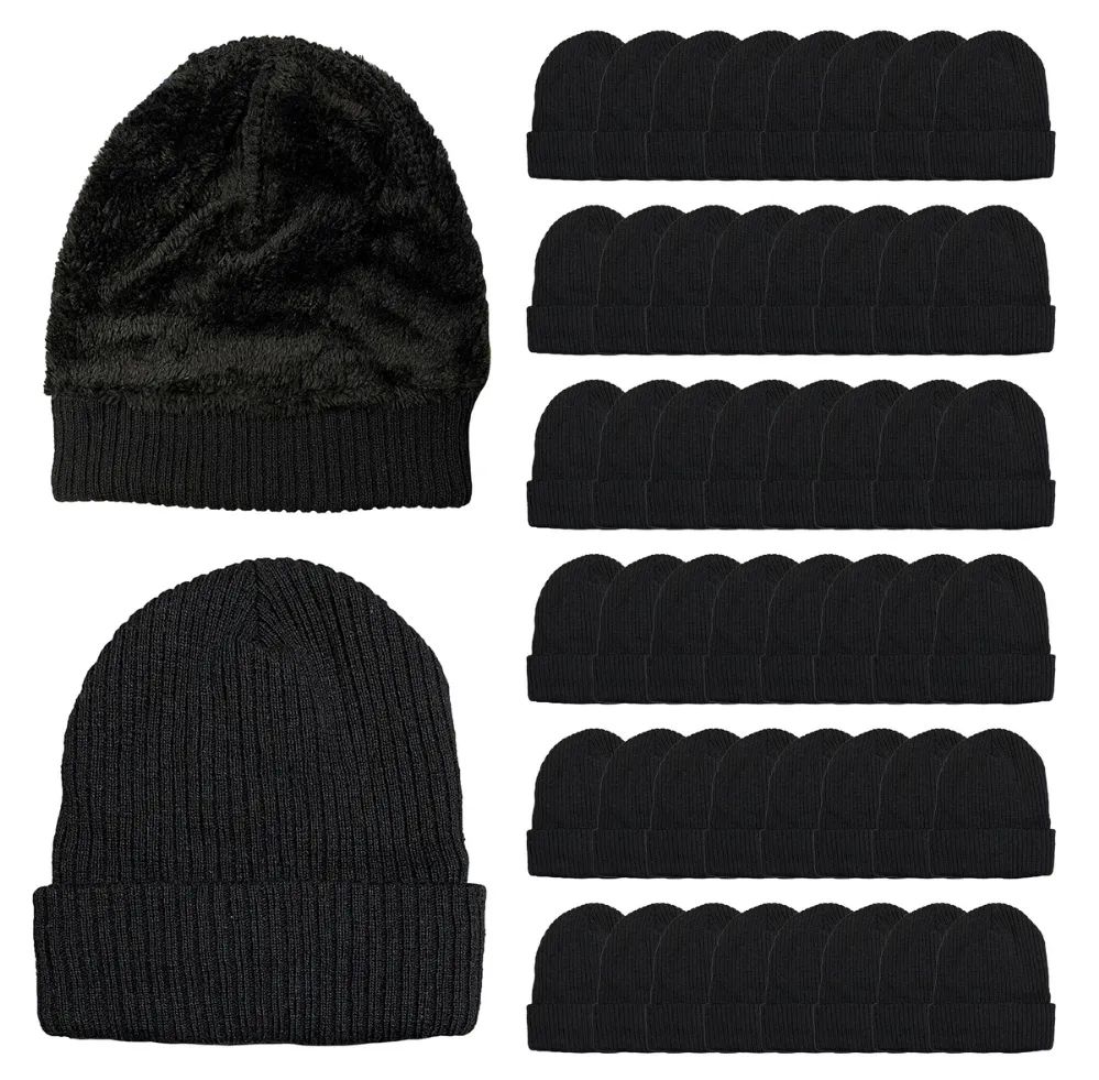48 pieces of Yacht & Smith Unisex Sherpa Line Ribbed Faux Fur Winter Beanie Hat Solid Black