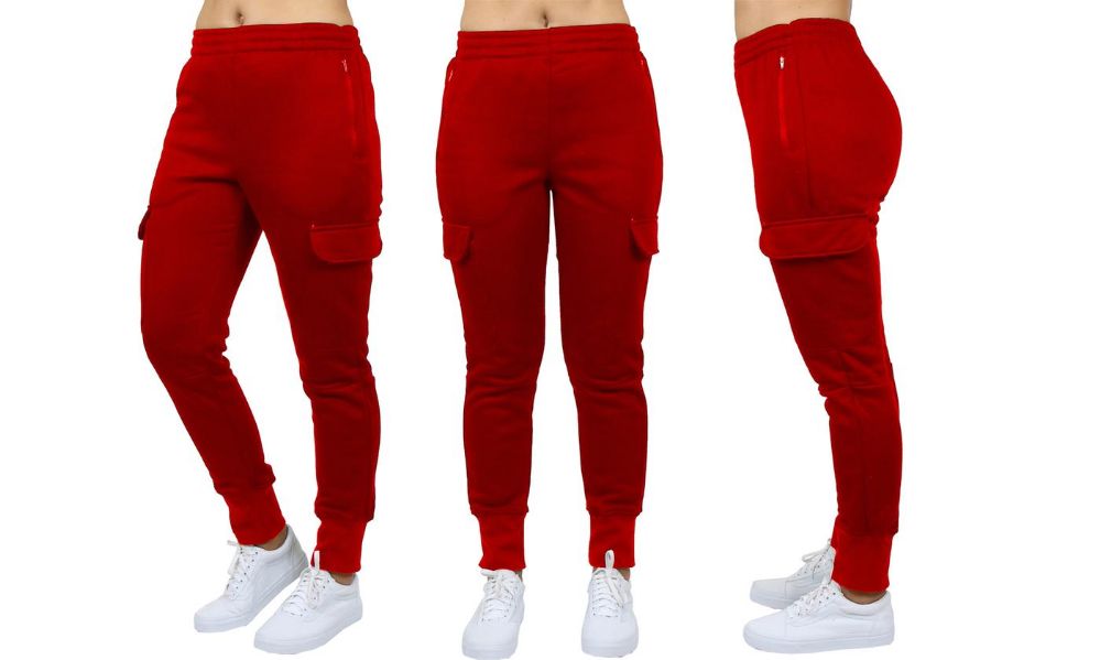 24 Wholesale Womens FleecE-Lined LoosE-Fit Cargo Joggers Assorted Sizes  Solid Red - at 