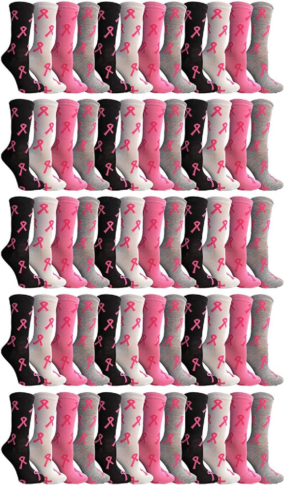 60 Pairs of Yacht & Smith Women's Assorted Colored Breast Cancer Awareness Crew Socks Size 9-11